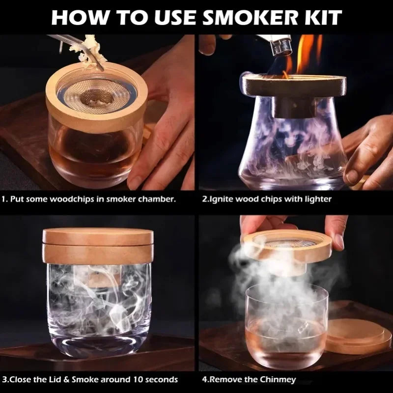 Cocktail Smoker Set Bar Wooden Smoked Wood Hood Whiskey Smoking Wood Chips Box Cocktails Infuser Kit Kitchen Accessories Muddler